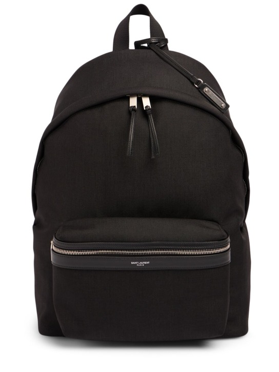 Saint Laurent: Logo nylon city backpack - Black - men_0 | Luisa Via Roma