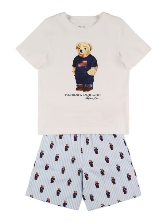 Polo Ralph Lauren: T-shirt e shorts in jersey di cotone stampato - Bianco/Azzurro - kids-boys_0 | Luisa Via Roma