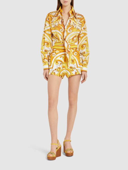 Dolce&Gabbana: Camicia in popeline stampato con nodo frontale - Giallo/Multi - women_1 | Luisa Via Roma