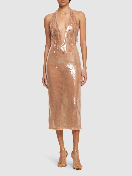 Alessandro Vigilante: Wet sequined deep v-neck midi dress - Beige - women_1 | Luisa Via Roma