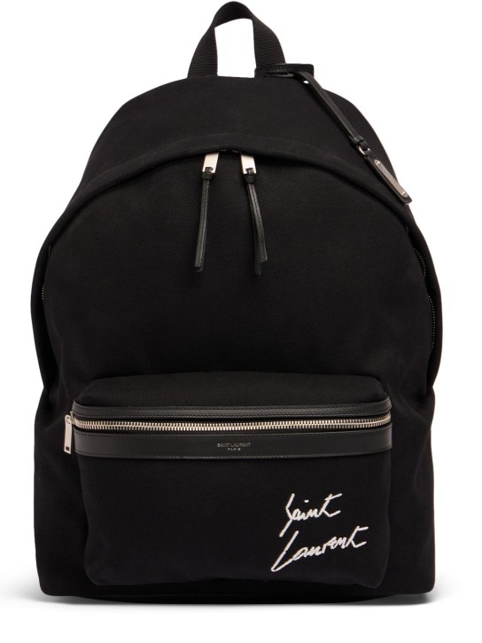 Saint Laurent: Embroidered detail canvas backpack - Black - men_0 | Luisa Via Roma