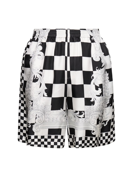 Versace: Shorts in twill di seta stampata - Blackwhite - men_0 | Luisa Via Roma