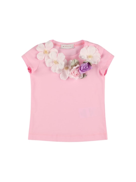 Monnalisa: 花朵装饰棉质平纹针织T恤 - 粉色 - kids-girls_0 | Luisa Via Roma