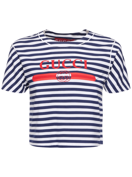 Gucci: Striped jersey t-shirt w/ Gucci print - Beyaz/Mavi - women_0 | Luisa Via Roma