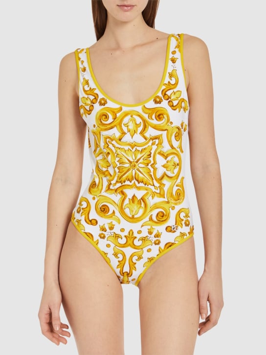 Dolce&Gabbana: Maiolica printed one piece swimsuit - Sarı/Renkli - women_1 | Luisa Via Roma
