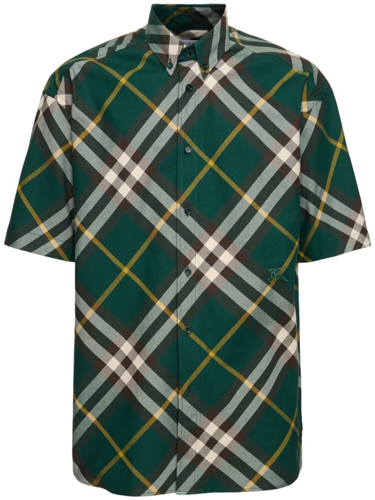 Burberry: Camicia in cotone check con logo - Verde Foglia - men_0 | Luisa Via Roma