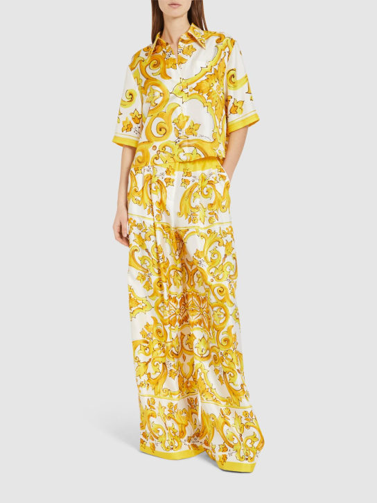 Dolce&Gabbana: Maiolica print silk short sleeves shirt - Sarı/Renkli - women_1 | Luisa Via Roma