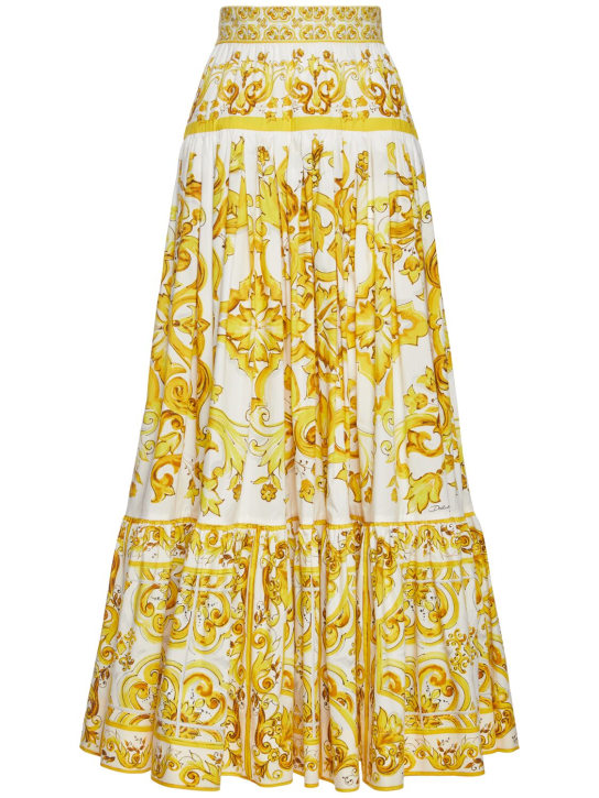 Dolce&Gabbana: Maiolica printed poplin long skirt - Sarı/Renkli - women_0 | Luisa Via Roma