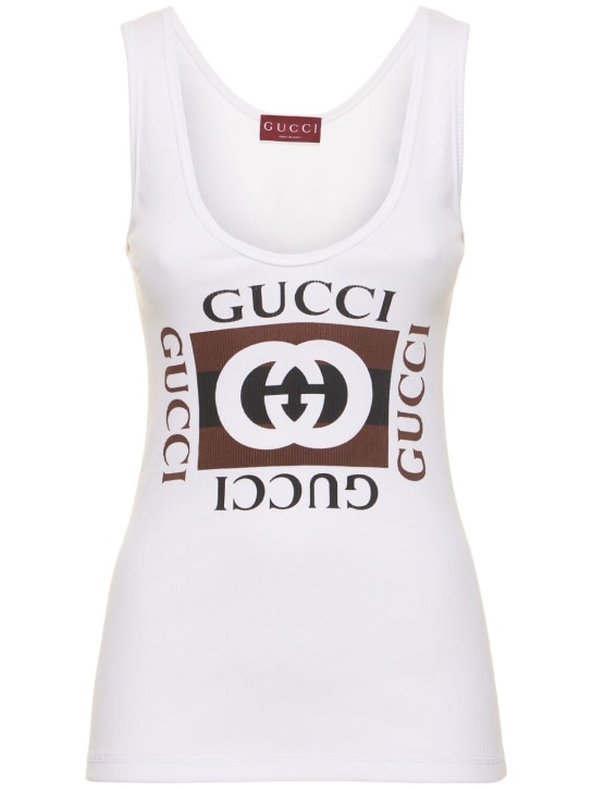 Gucci: Débardeur en coton côtelé à imprimé Gucci - Blanc/Marron - women_0 | Luisa Via Roma
