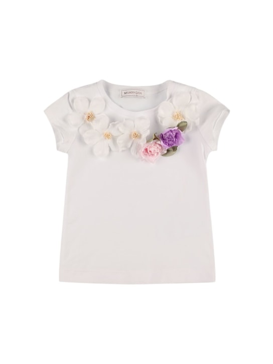 Monnalisa: Flowers cotton jersey t-shirt - Beyaz - kids-girls_0 | Luisa Via Roma