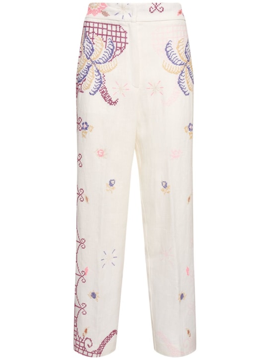 Forte_forte: Pantalones de lino bordados - Blanco/Multi - women_0 | Luisa Via Roma