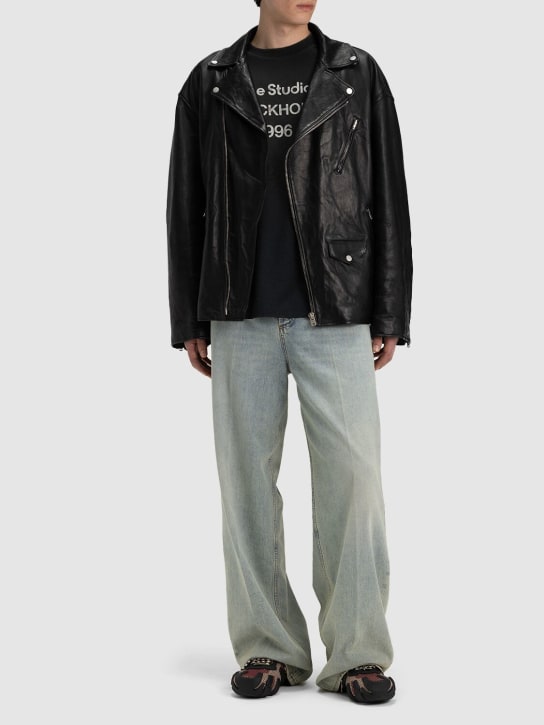 Acne Studios: Liker distressed leather jacket - Siyah - men_1 | Luisa Via Roma