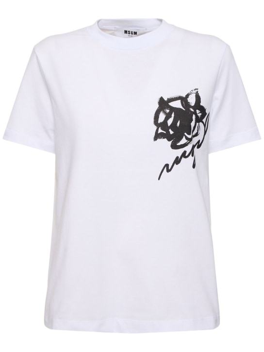 MSGM: T-shirt in jersey di cotone con logo e rosa - Bianco Ottico - women_0 | Luisa Via Roma