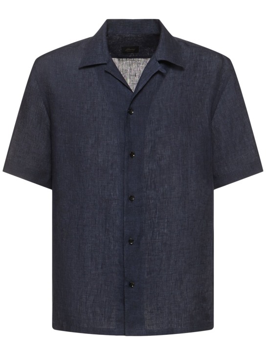 Brioni: Camisa de lino con manga corta - Azul Marino - men_0 | Luisa Via Roma