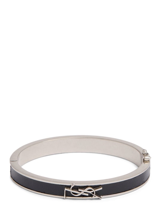Saint Laurent: Bracelet en cuir à monogramme - Noir/Argent - men_0 | Luisa Via Roma