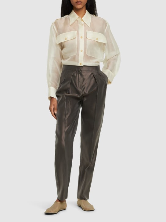 Giorgio Armani: Pleated silk high rise straight pants - Brown - women_1 | Luisa Via Roma