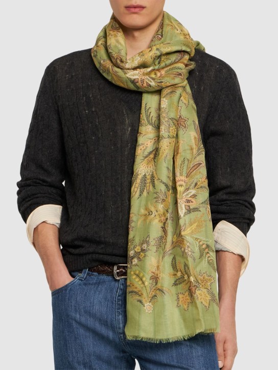 Etro: Reversible linen blend scarf - Green - men_1 | Luisa Via Roma