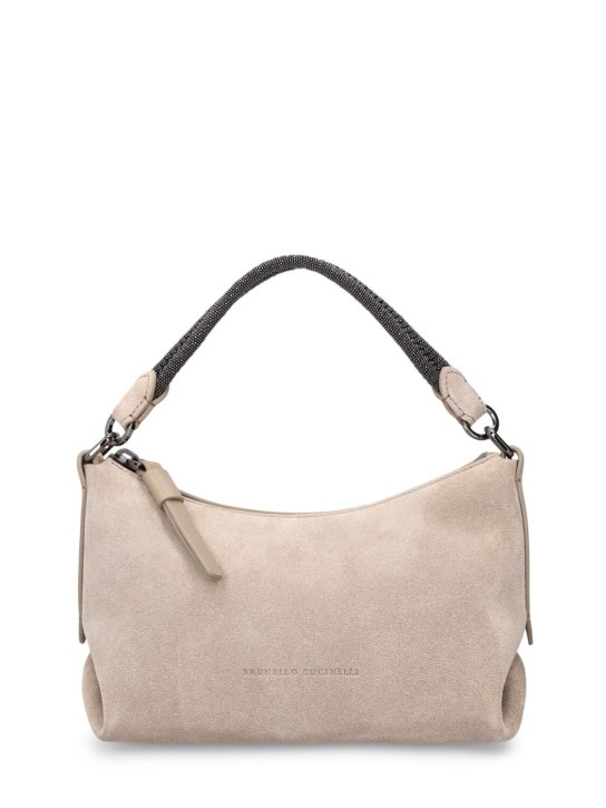 Brunello Cucinelli: Small softy velour leather shoulder bag - Walnut - women_0 | Luisa Via Roma