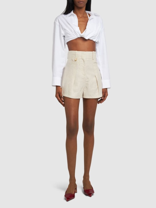 Jacquemus: Le Short Bari linen blend shorts - Açık Bej - women_1 | Luisa Via Roma