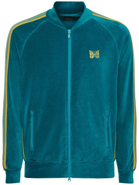 Needles: Needles logo velour track jacket - A-turquoise - men_0 | Luisa Via Roma