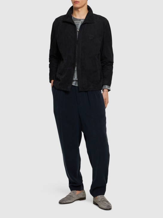 Giorgio Armani: 가죽 집업 재킷 - 다크 네이비 - men_1 | Luisa Via Roma