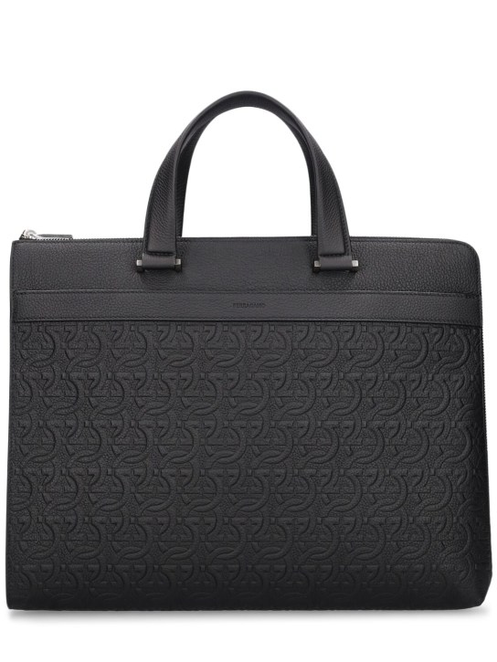 Ferragamo: Logo embossed leather briefcase - Siyah - men_0 | Luisa Via Roma