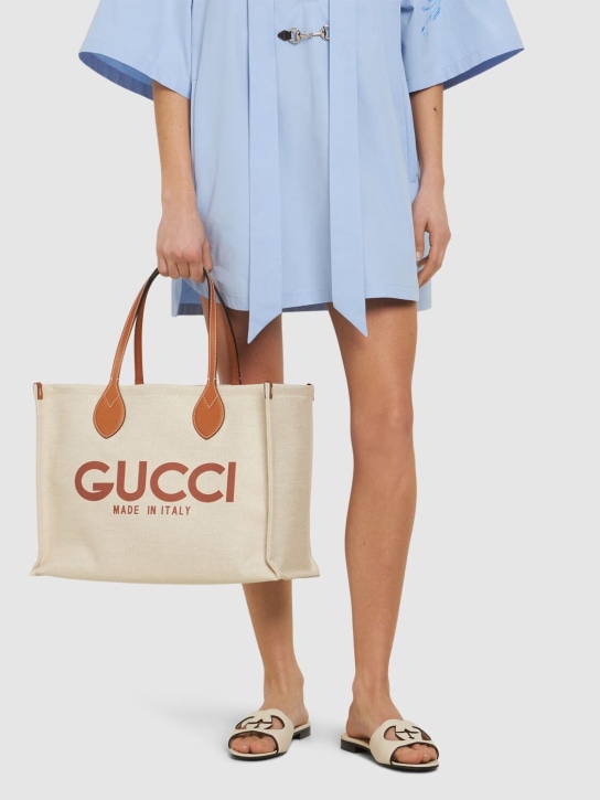 Gucci: Bolso de lona y piel - Blanco/Café - women_1 | Luisa Via Roma