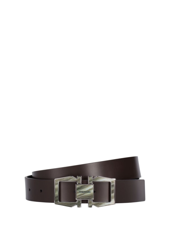 Ferragamo: 32mm Double Gancio leather belt - Kahverengi - men_0 | Luisa Via Roma