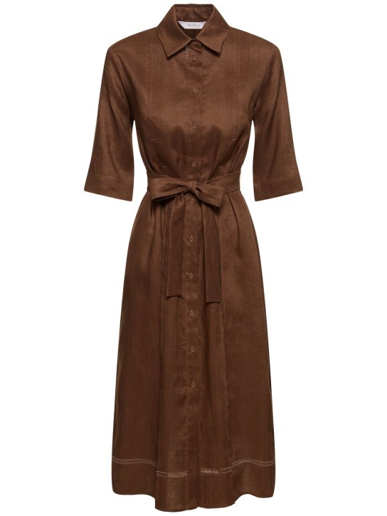 Max Mara: Nocino belted linen midi shirt dress - Brown - women_0 | Luisa Via Roma