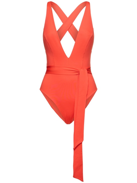 Max Mara: Cristel jersey v neck one piece swimsuit - Mercan - women_0 | Luisa Via Roma