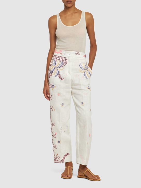 Forte_forte: Eden embroidered linen pants - White/Multi - women_1 | Luisa Via Roma