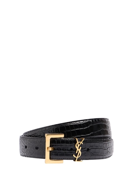 Saint Laurent: YSL croc embossed leather belt - Siyah - men_0 | Luisa Via Roma