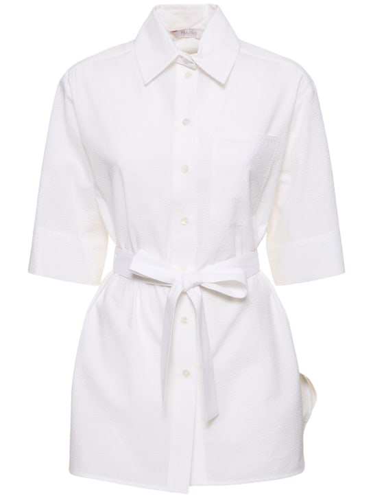 Max Mara: Camisa larga de algodón seersucker - Blanco - women_0 | Luisa Via Roma