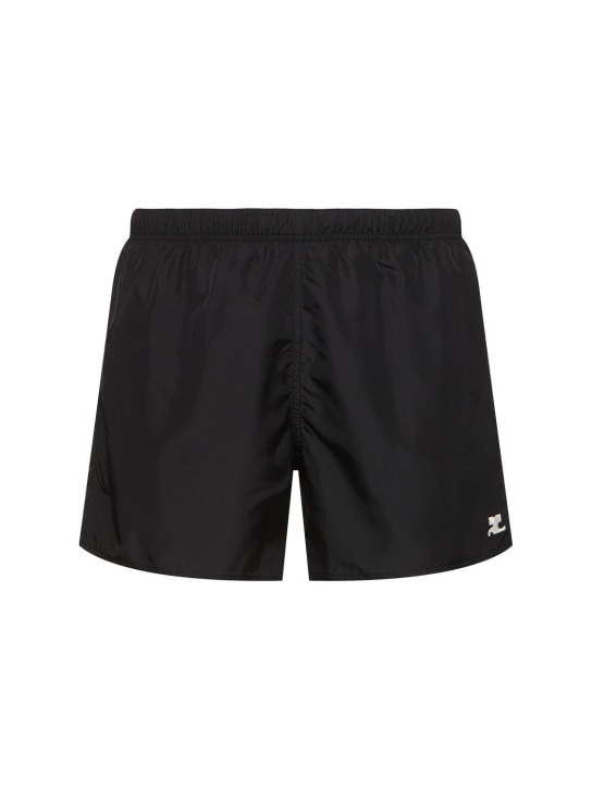 Courreges: Bañador shorts de techno con logo bordado - Negro - men_0 | Luisa Via Roma