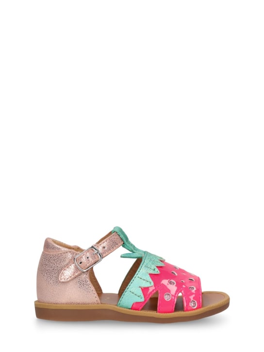 Pom D'api: Patent leather sandals w/ flowers - Pink/Red - kids-girls_0 | Luisa Via Roma