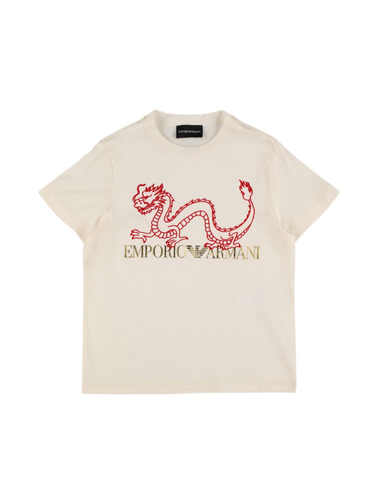 Emporio Armani: T-shirt in jersey di misto cotone con stampa - Off-White - kids-boys_0 | Luisa Via Roma