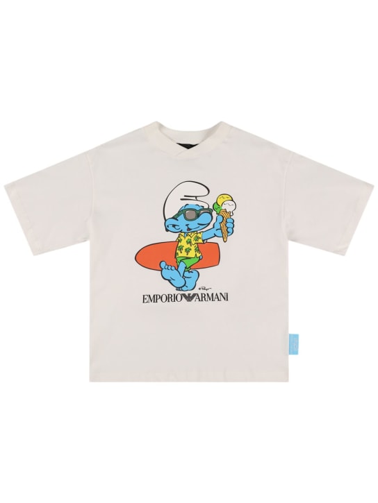 Emporio Armani: Smurf コットンジャージーTシャツ - ホワイト - kids-boys_0 | Luisa Via Roma