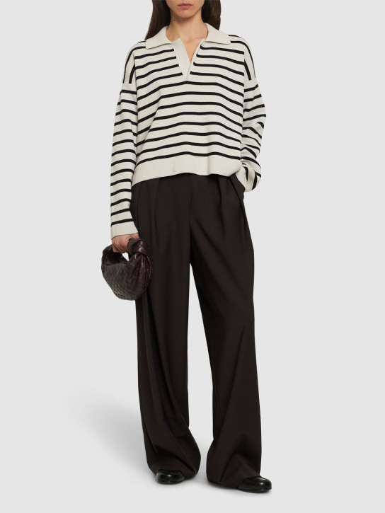 AMI Paris: Striped cotton & wool polo sweater - Siyah/Beyaz - women_1 | Luisa Via Roma