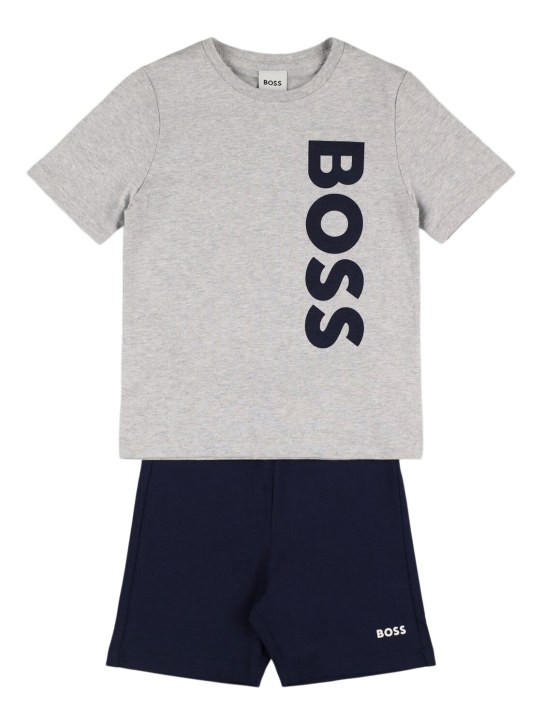 Boss: 棉质平纹针织T恤&短裤 - 灰色/海军蓝 - kids-boys_0 | Luisa Via Roma