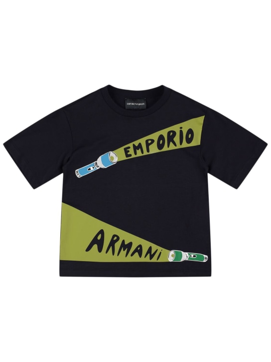 Emporio Armani: Camiseta de jersey de algodón estampada - Azul Oscuro - kids-boys_0 | Luisa Via Roma