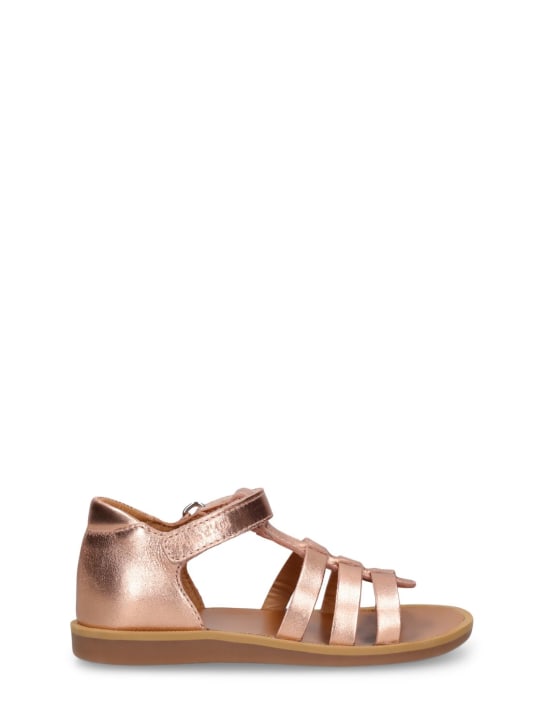 Pom D'api: Metallic leather strap sandals - Gold - kids-girls_0 | Luisa Via Roma