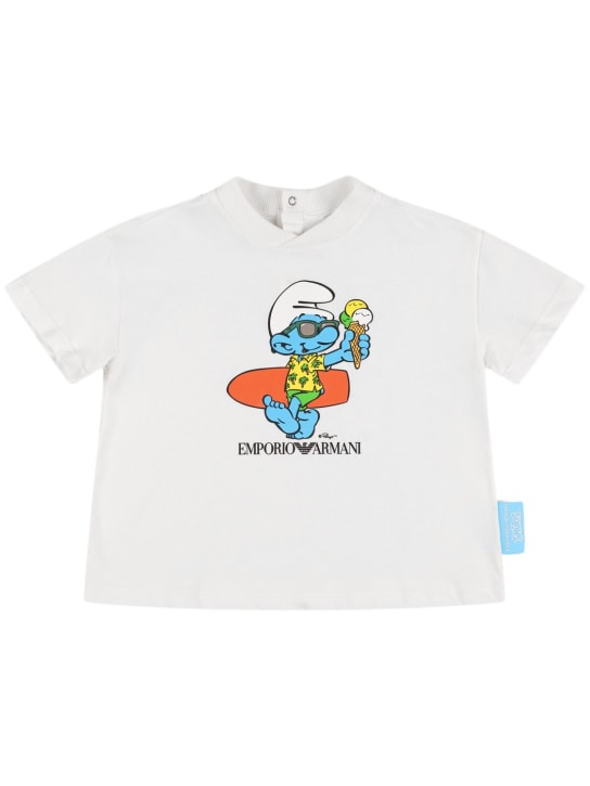 Emporio Armani: T-shirt en jersey de coton imprimé Schtroumpfs - Blanc - kids-boys_0 | Luisa Via Roma