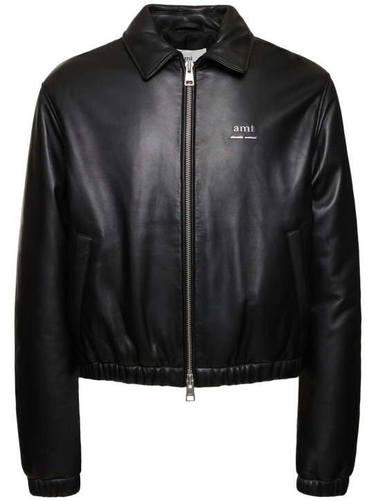 AMI Paris: Padded leather zip jacket - Black - men_0 | Luisa Via Roma