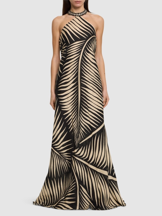 Johanna Ortiz: Printed linen halter neck long dress - Bej/Siyah - women_1 | Luisa Via Roma