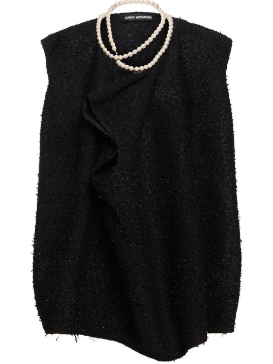 JUNYA WATANABE: Cotton blend tweed top w/faux pearls - Black - women_0 | Luisa Via Roma