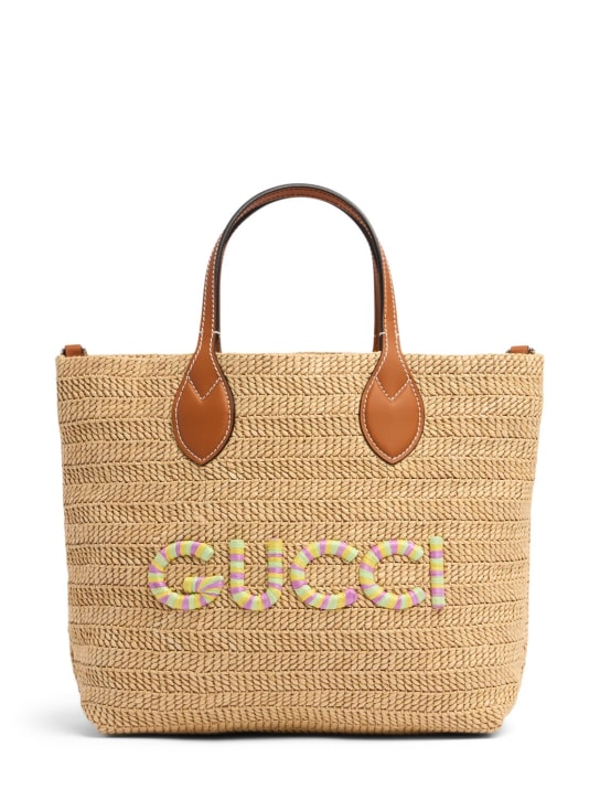 Gucci: Logo小号酒椰纤维托特包 - 自然色/多色 - women_0 | Luisa Via Roma