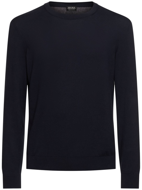 Zegna: Suéter de algodón con cuello redondo - Azul Marino - men_0 | Luisa Via Roma