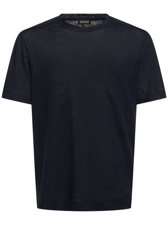 Zegna: T-shirt en jersey de lin pur - Bleu Marine - men_0 | Luisa Via Roma