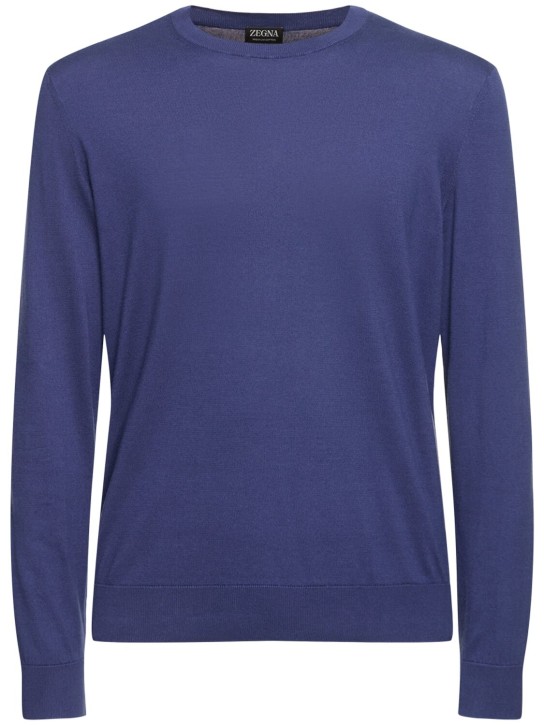 Zegna: Cotton crewneck sweater - Utility Blue - men_0 | Luisa Via Roma