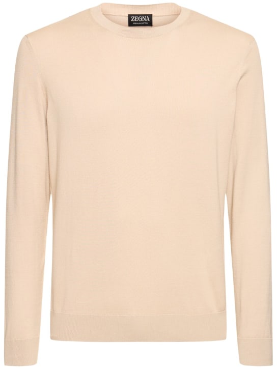 Zegna: Suéter de algodón con cuello redondo - Beige Claro - men_0 | Luisa Via Roma